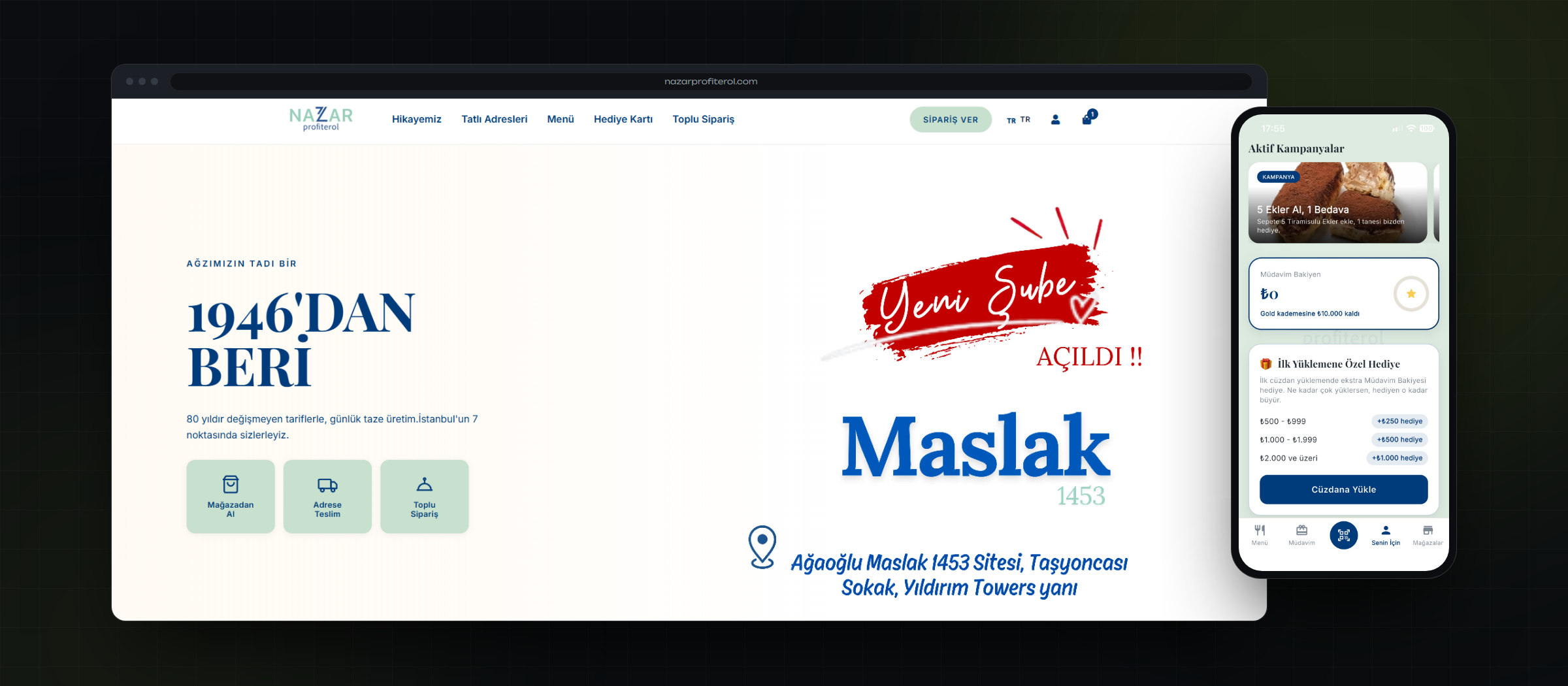 Nazar Profiterol · uygulama ve web sitesi ekran görüntüsü kompozisyonu